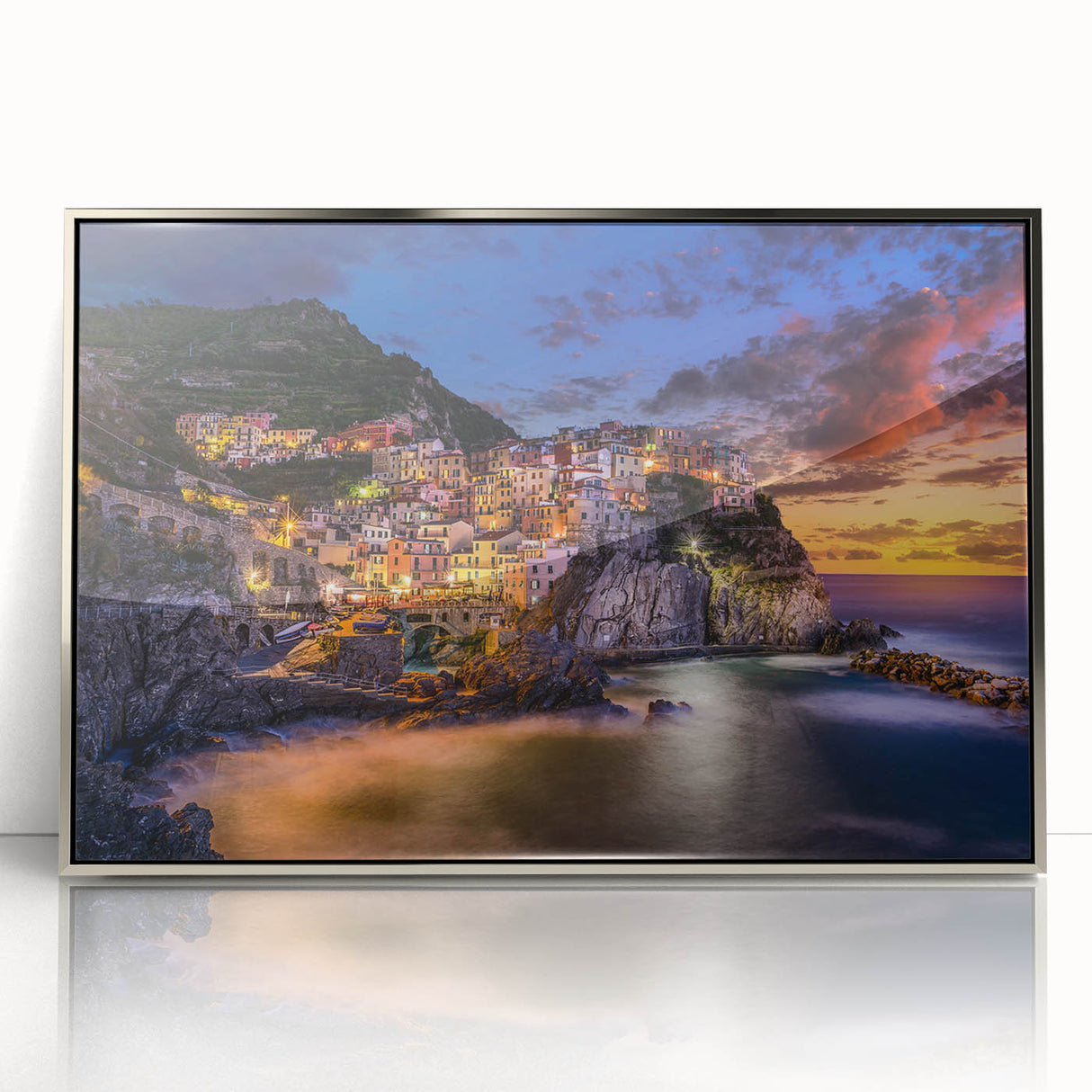 Framed acrylic print of Cinque Terre with muted color tones, ideal for modern art wall decor.
