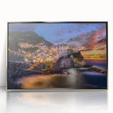 Framed acrylic print of Cinque Terre with muted color tones, ideal for modern art wall decor.
