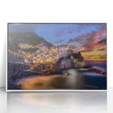 Framed acrylic print of Cinque Terre with pastel shades in a mid-century modernist style, ideal for nursery wall art.