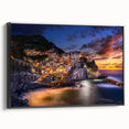 Black and white framed canvas of Cinque Terre landscape, ideal for bedroom wall art.