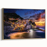 Framed canvas of Cinque Terre landscape in vintage poster style, featuring muted earth tones, ideal for bedroom wall art.