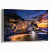 Framed canvas of a vintage-style landscape art painting depicting the colorful Cinque Terre, Italy.
