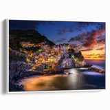 Framed canvas of vintage poster art depicting Cinque Terre with vibrant, colorful buildings, ideal for living room decor.