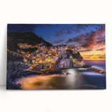Black and white stretched canvas of Cinque Terre, ideal for kitchen wall art.