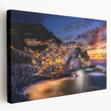 Stretched canvas print of Cinque Terre, Italy, showing colorful buildings and coastline, ideal for kitchen wall art.