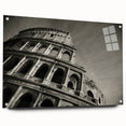 Side view of a large acrylic glass print of the Colosseum in Rome, with muted earth tones, ideal for dining room decor.