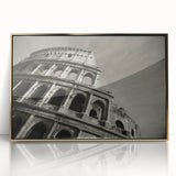 Framed acrylic print of the Colosseum in Rome with soft gold and earth tones, suitable for modern art wall decor.