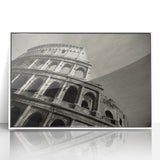 Mid-century modernist art of the Colosseum in muted earth tones, acrylic print framed in white.