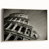 Framed canvas of the Colosseum in Rome with a vintage poster art style, featuring gold and black tones.