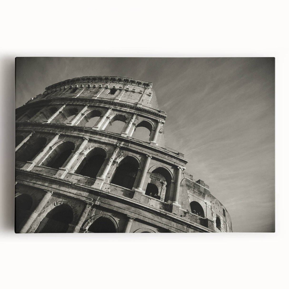 Black and white image of the Colosseum in Rome on stretched canvas, ideal for kitchen wall art.