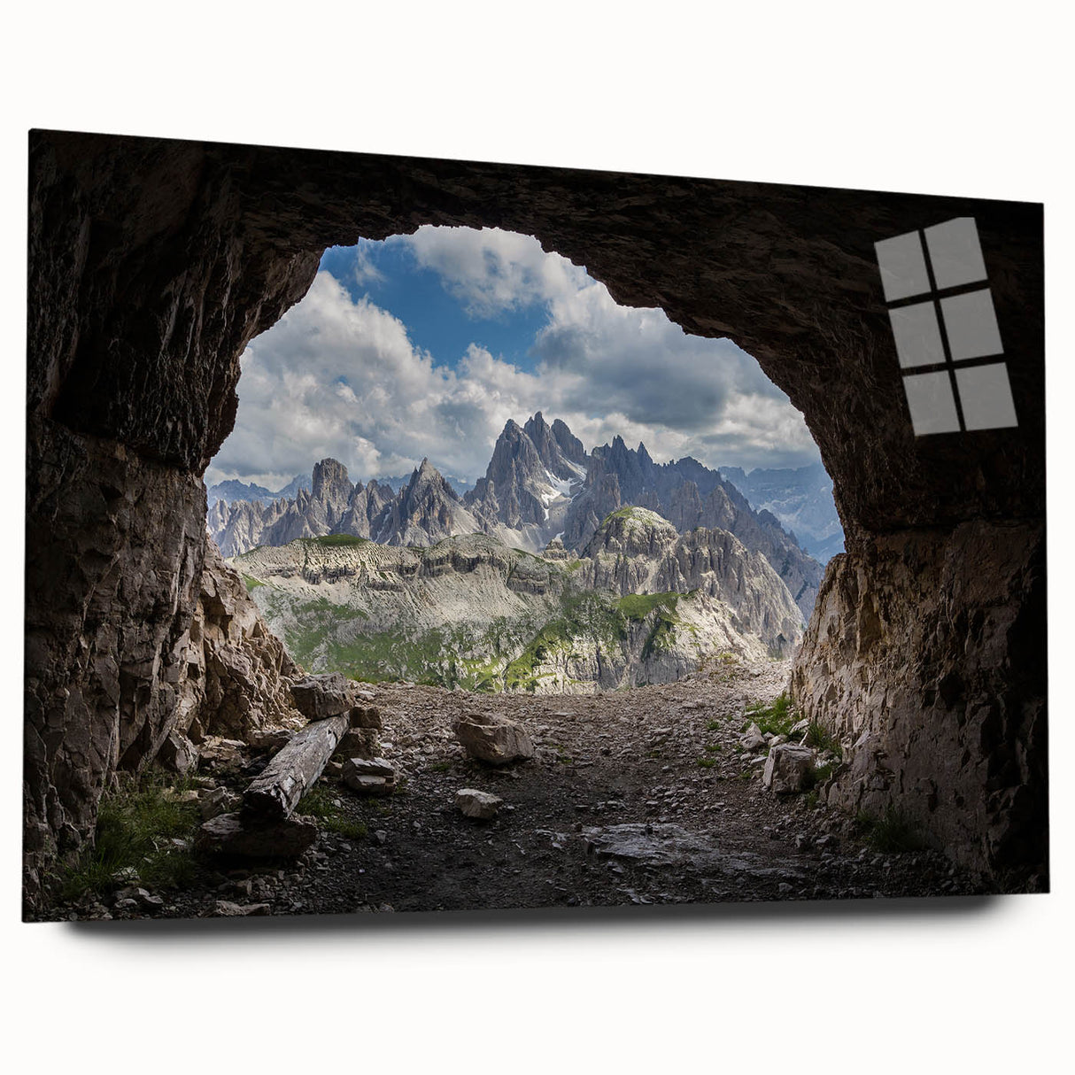 Acrylic print of the Dolomites in Italy, featuring large abstract shapes in earthy tones.