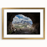 Abstract art print of the Dolomites in Italy, featuring muted earth tones on a framed gold mat.