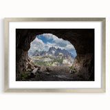 Extra large wall art depicting abstract Dolomites scenery in muted earth tones, framed with a silver mat.