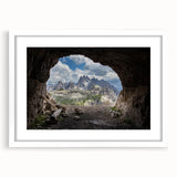 Textured art print of the Dolomites in muted earth tones on a framed white mat, ideal for bedroom wall decor.