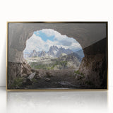 Acrylic print of the Dolomites in Italy, featuring mid-century modernist style and soft gold tones.