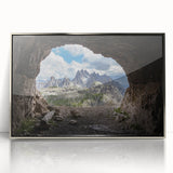 Framed acrylic print of the Dolomites in Italy, featuring mid-century modernist art style with muted earth tones.