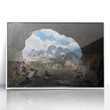 Framed acrylic print of the Dolomites in Italy, featuring vibrant green landscapes and white peaks.
