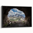 Black and white framed canvas featuring a vintage landscape of the Dolomites, ideal for bedroom wall decor.