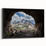 Black and white framed canvas featuring a vintage landscape of the Dolomites, ideal for bedroom wall decor.