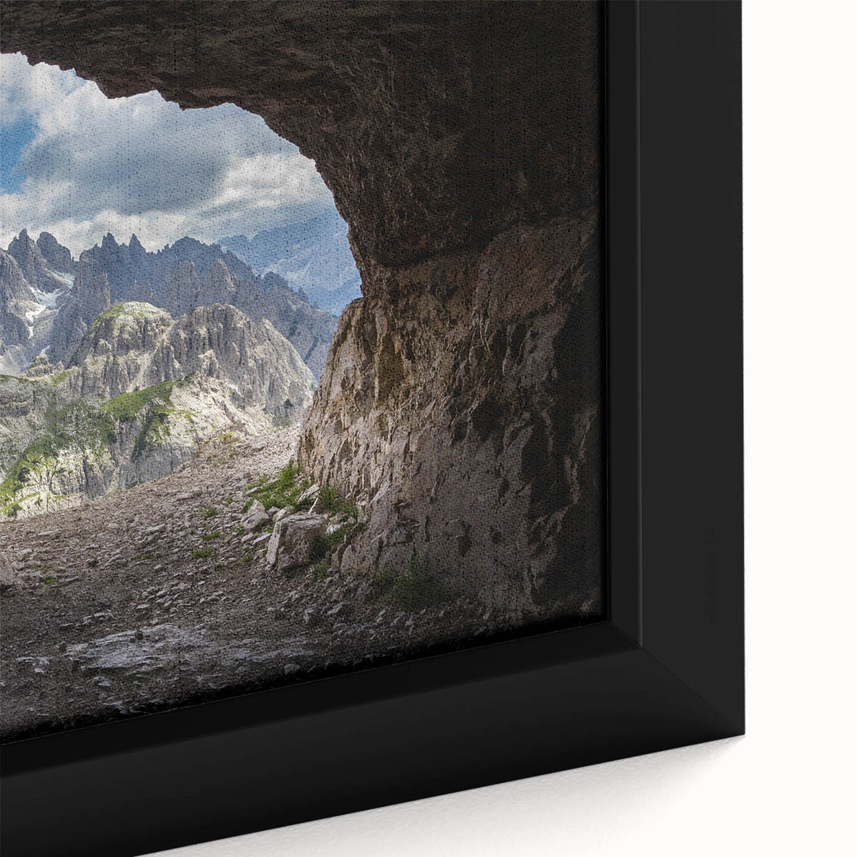 Black framed canvas of the Dolomites in Italy, featuring textured, colorful art ideal for a large living room wall.