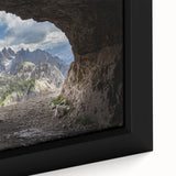 Black framed canvas of the Dolomites in Italy, featuring textured, colorful art ideal for a large living room wall.