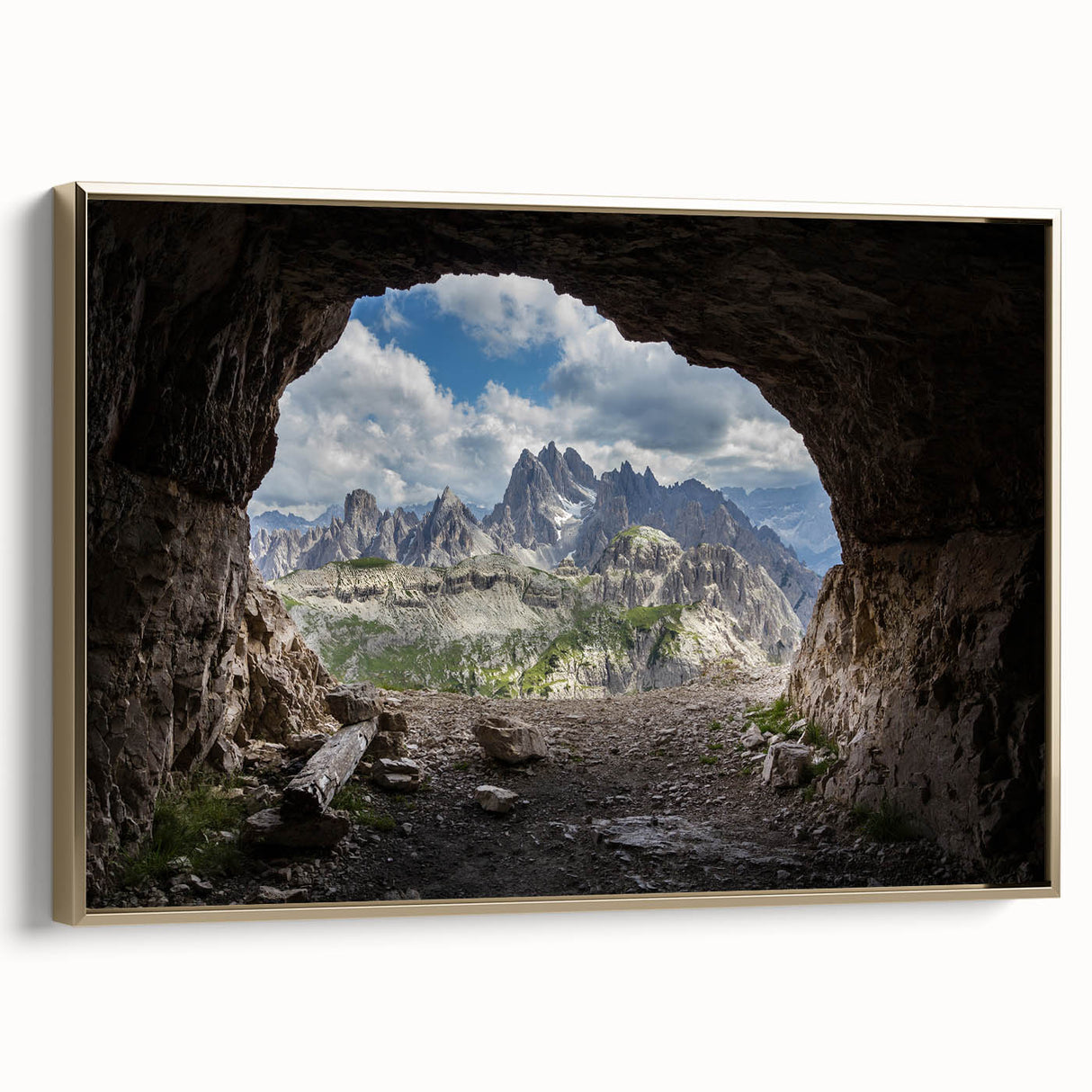 Framed canvas of the Dolomites in vintage poster style with a black and gold color scheme, ideal for bedroom wall art.