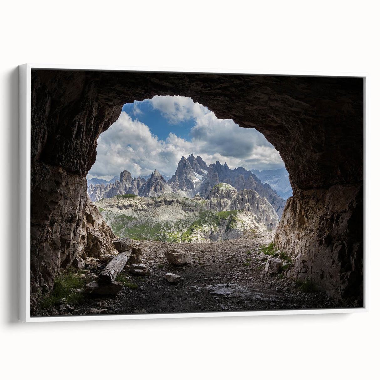 Vintage poster art of the Dolomites in vibrant colors on a framed canvas, ideal for living room decor.