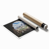 Art deco poster of the Dolomites in Italy, featuring muted earth tones on a rolled print, suitable for modern art wall decor.