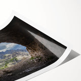 Extra large wall art featuring line art flowers and a scenic Dolomites Italy landscape in muted earth tones on rolled print.