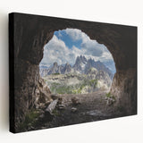 Landscape of the Dolomites in Italy on a stretched canvas, featuring soft earth tones, ideal for kitchen wall art.