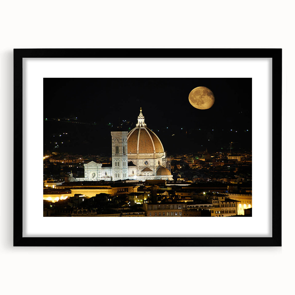 Colorful abstract art print of Florence scenery, in extra large format with black frame and mat, ideal for living room decor.