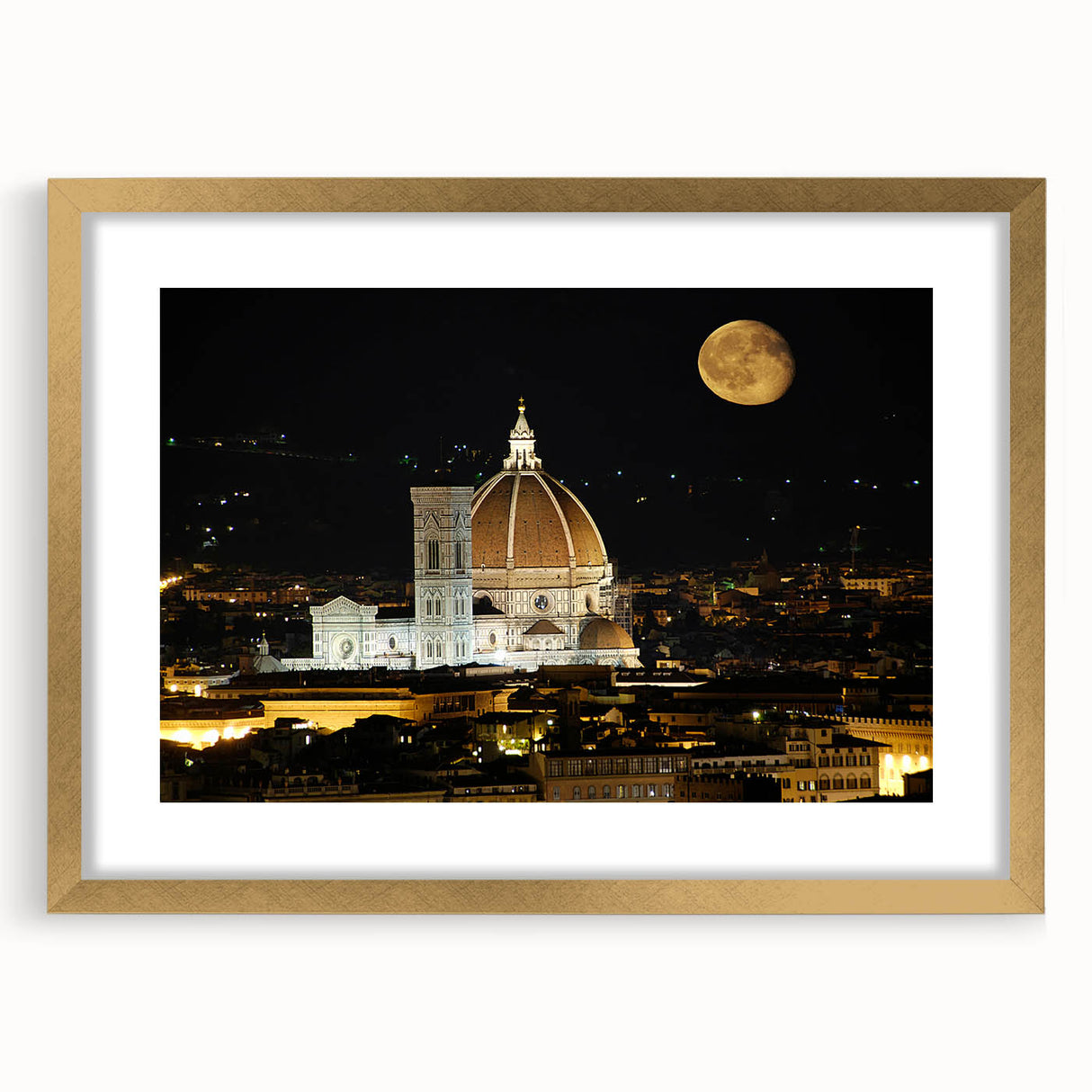 Abstract art print of Florence scenery in muted gold and earth tones on a framed canvas, suitable for dining room decor.