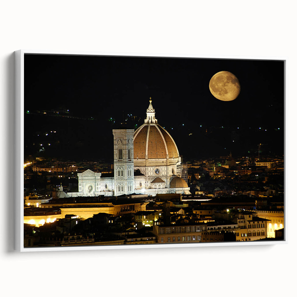 Vintage poster art of Florence scenery on framed canvas, featuring colorful, muted tones, ideal for living room decor.
