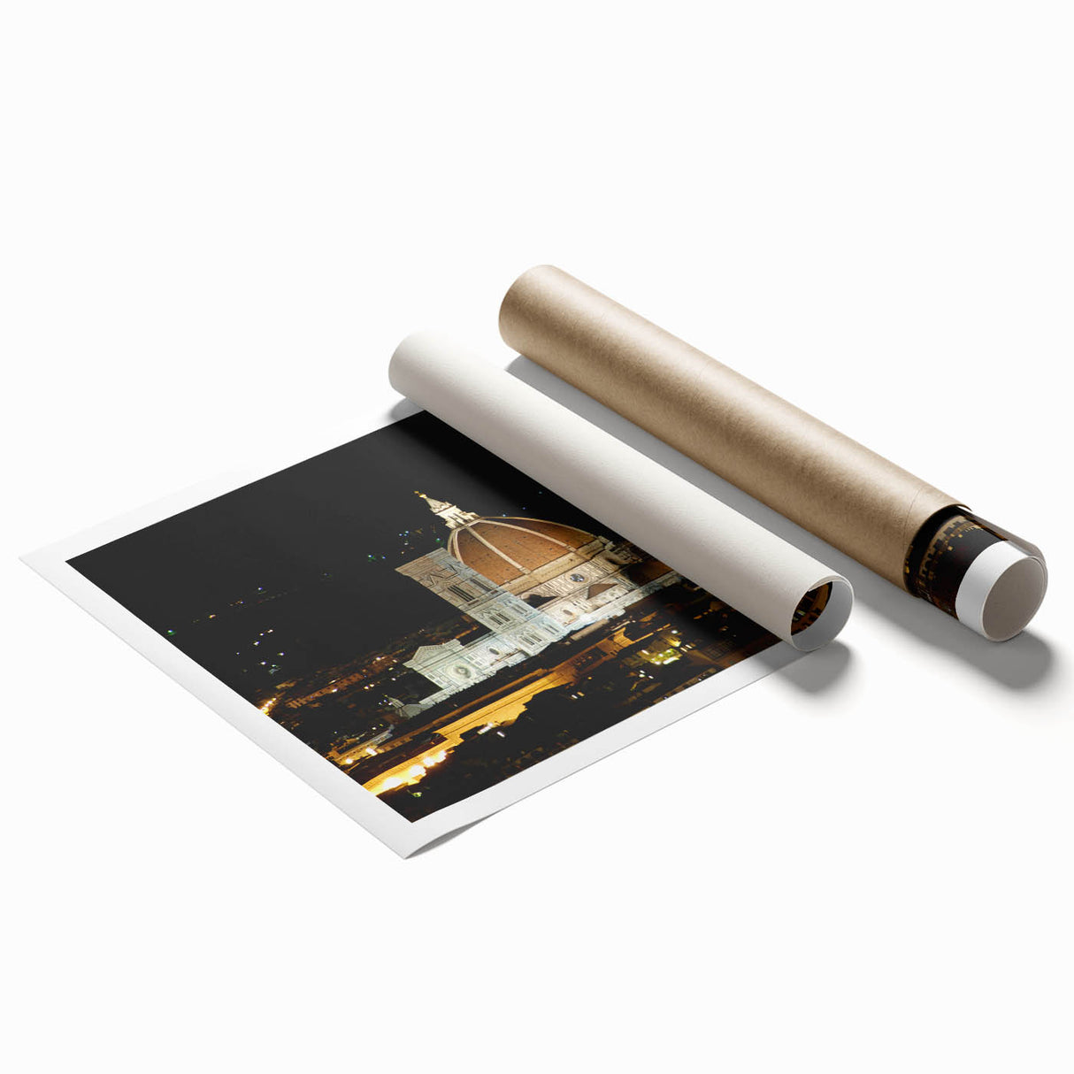 Extra large rolled print of Florence scenery with floral accents in pastel colors.