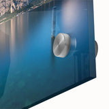 Acrylic print of Lake Como with vivid blue and green tones in a mid-century modernist style, ideal for dining room art.