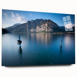 Acrylic print of Lake Como with soft blue and green hues, ideal for bedroom or dining room art.