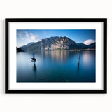 Extra large, textured abstract art print of Lake Como with vibrant colors on a framed canvas, ideal for living room decor.