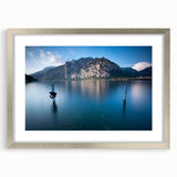 Extra large textured art print of Lake Como with abstract design in muted blues, framed in silver.