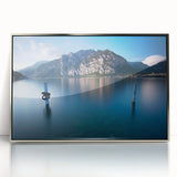 Framed acrylic print of Lake Como with muted green and blue tones, ideal for modern art wall decor.