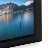 Extra large black wall art featuring a textured view of Lake Como, Italy, with vibrant colors on a framed canvas.