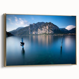 Framed canvas wall art of Lake Como with a vintage poster style in black and gold tones, ideal for bedroom decor.