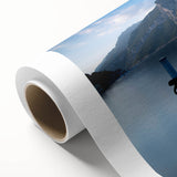 Art Deco poster of Lake Como with muted blue and green tones on rolled canvas, ideal for nursery wall art.