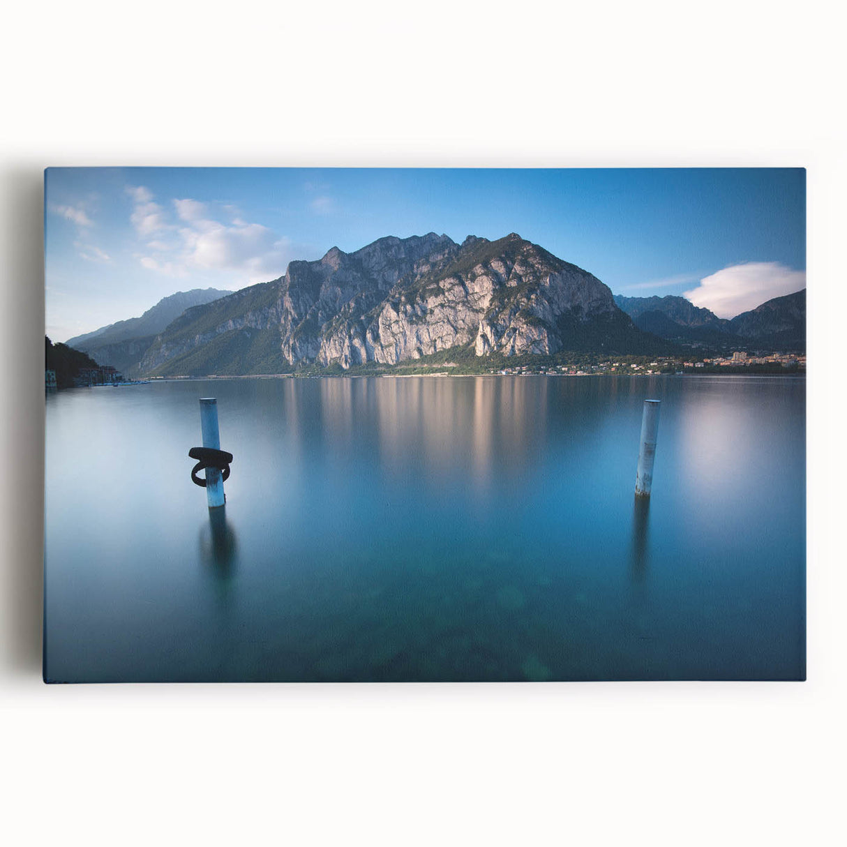 Black and white photograph of Lake Como on stretched canvas, suitable as large kitchen wall art or for bedroom ambiance.