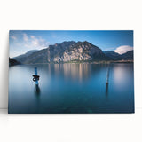 Black and white large canvas art of Lake Como with mountain backdrop, ideal for kitchen wall art.