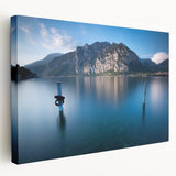 Lake Como scenic print on stretched canvas featuring soft blue and green tones, ideal for kitchen wall art.