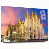 Large acrylic print of an abstract Milan cityscape in cool gray and blue tones, ideal for bedroom or dining room art.