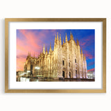 Abstract art print of Milan scenery in muted earth tones on a gold-framed canvas, ideal for dining room decor.