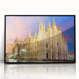 Large abstract wall art depicting a stylized Milan cityscape in muted gray tones on a framed acrylic print.