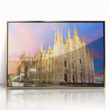 Framed acrylic print of Milan scenery in art deco style, with muted gold and blue tones, suitable for modern art wall decor.