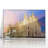 Mid-century modernist art of Milan scenery on white framed acrylic, featuring muted earth tones.